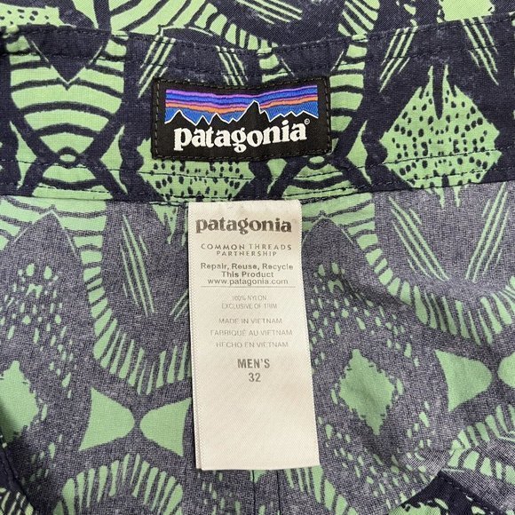 Patagonia Mens Board Shorts Nav/yGreen Aztec Surfboard Nylon Zip Pockets Size 32 - Picture 4 of 9